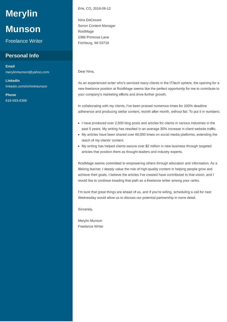 Cover letter for freelance writers sample
