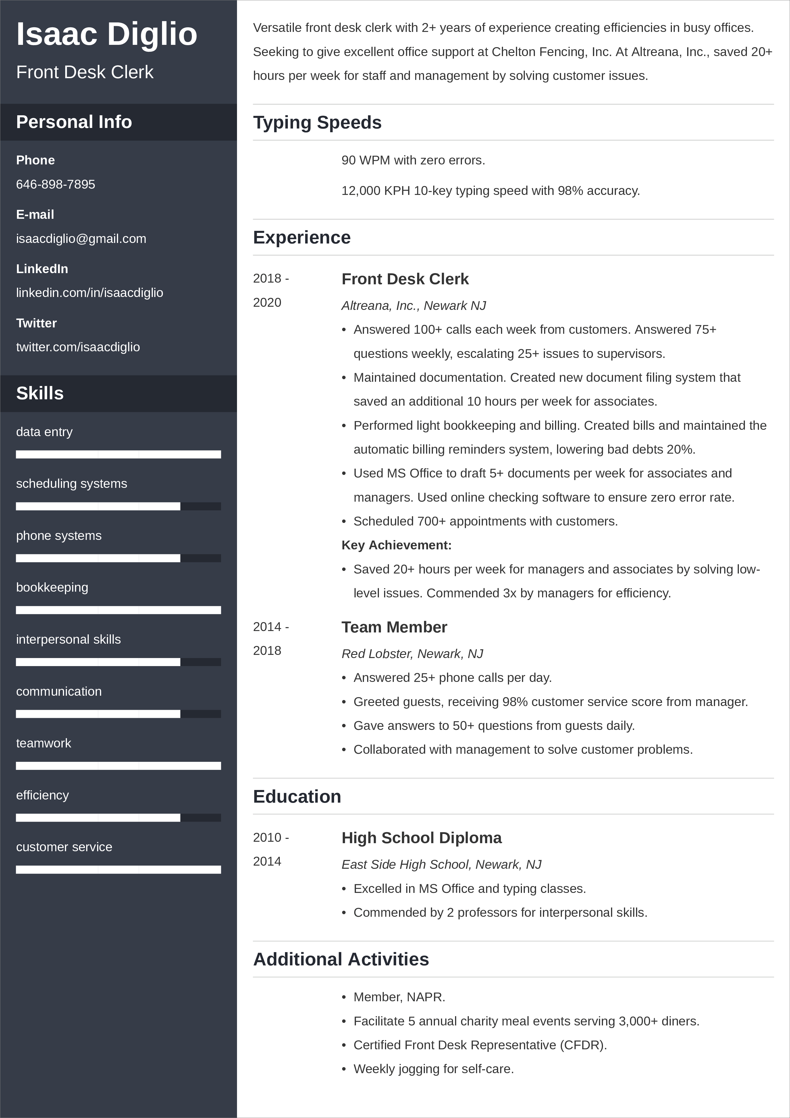 front desk resume example