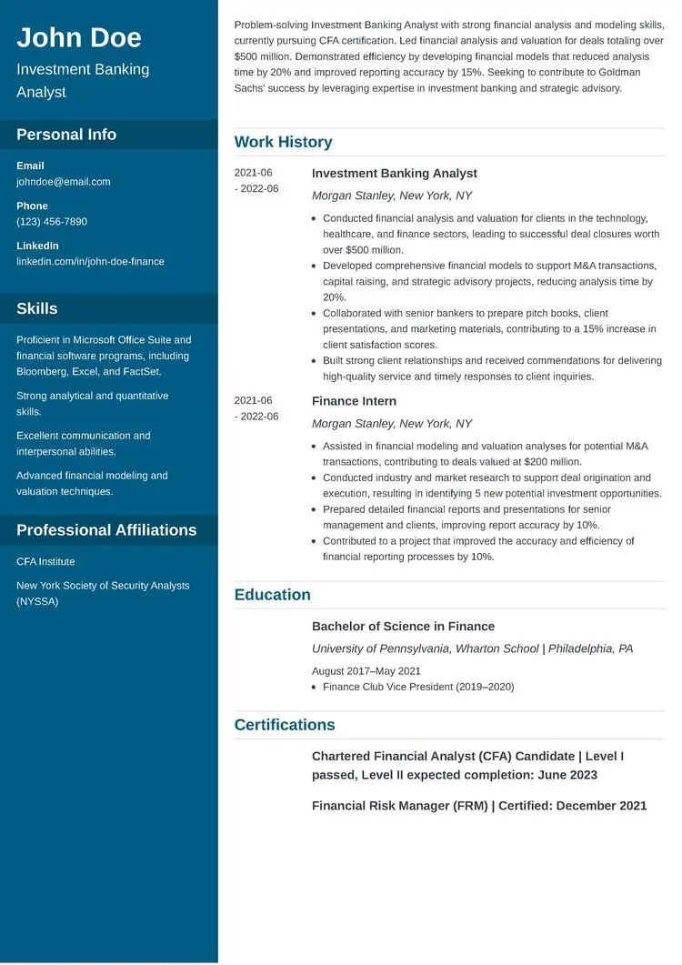Goldman Sachs resume example