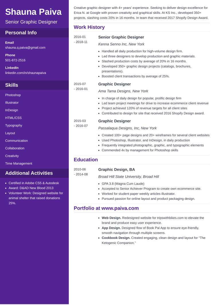 senior graphic designer resume example - cascade template