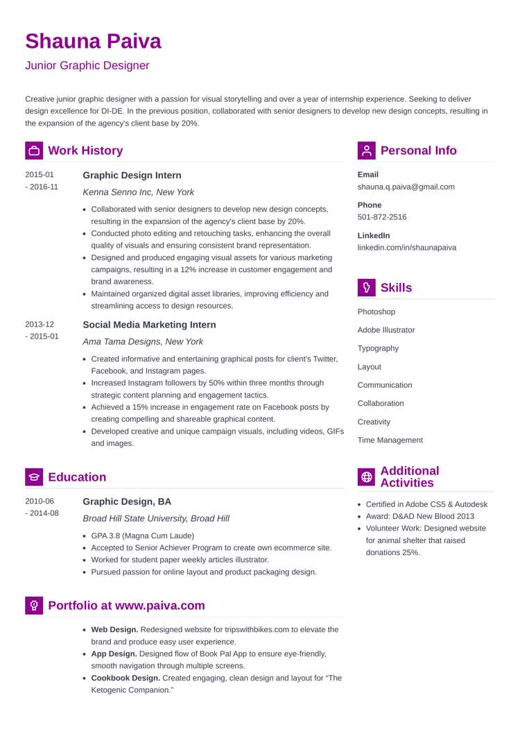 junior graphic designer resume example - vibes template