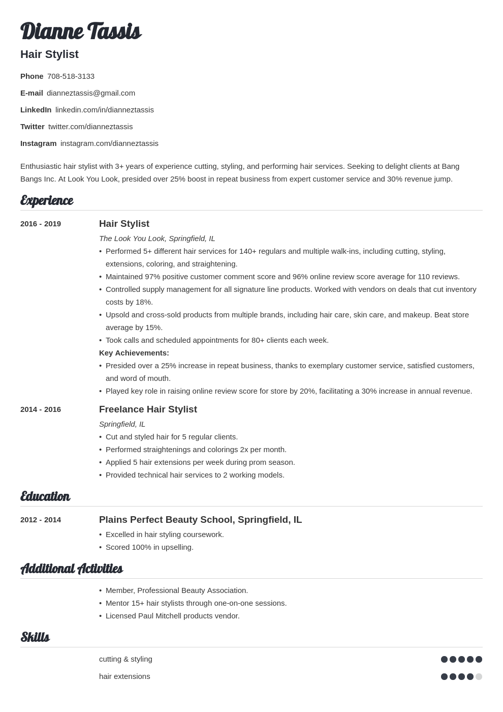 resume format for hairdresser job