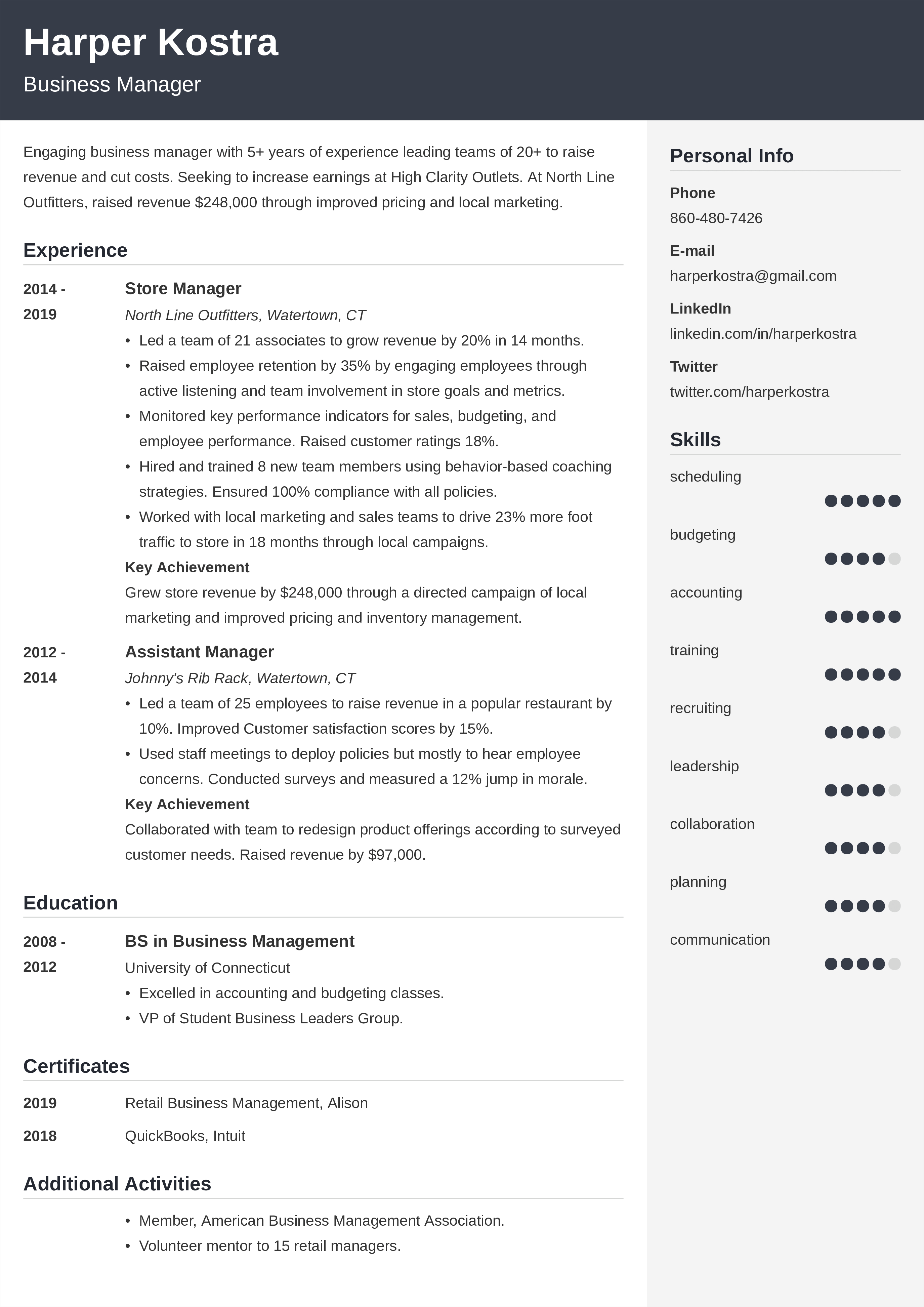 relevant coursework for business management resume