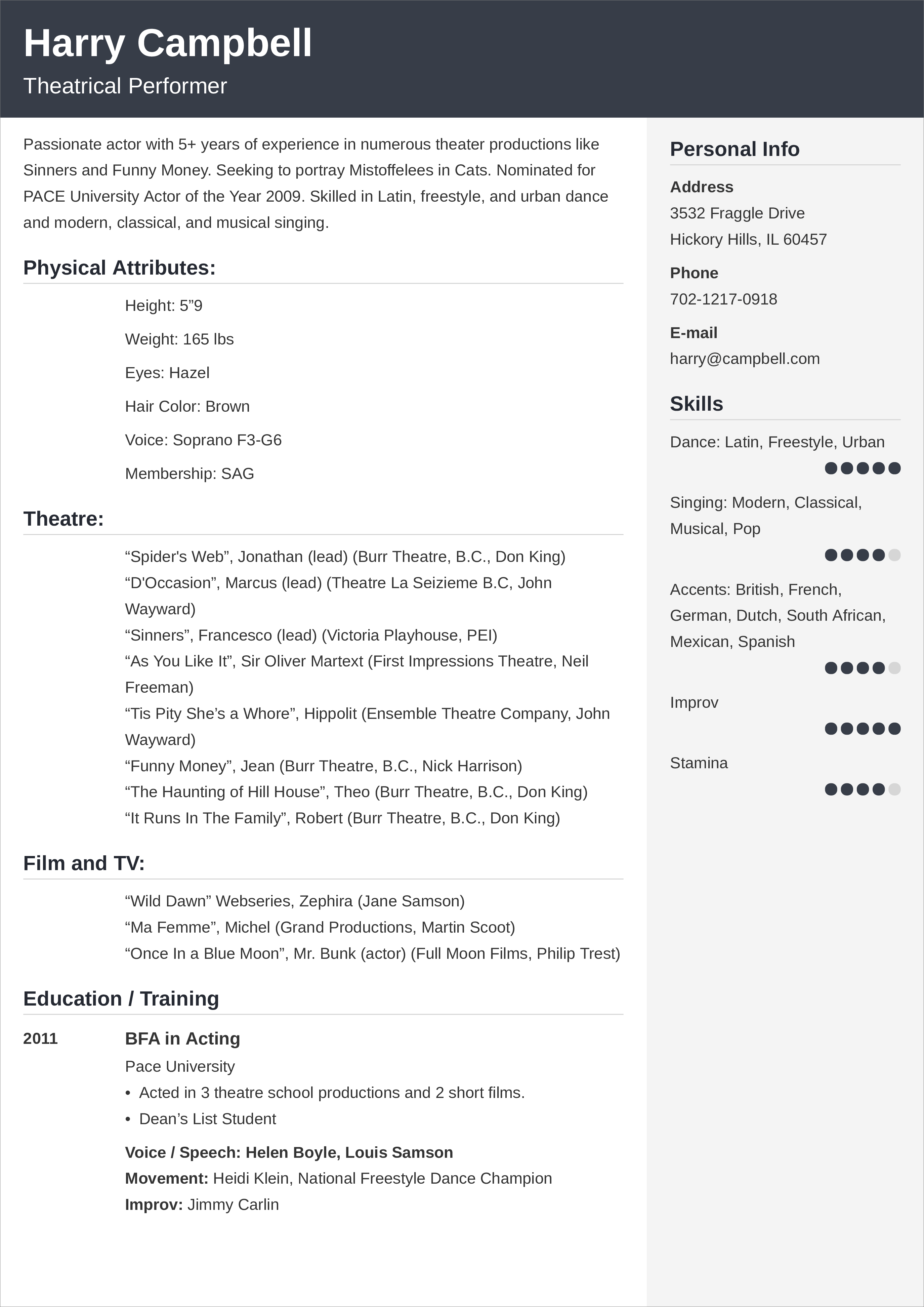 Theater Resume Template (Writing Guide, Examples, & Tips)