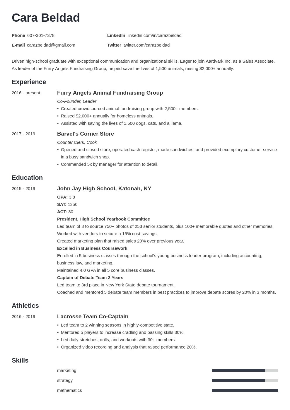 High School Graduate Resume Example With No Experience