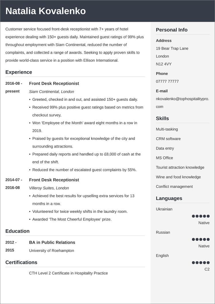 Hospitality CV Examples Tips For Hotel Job Application