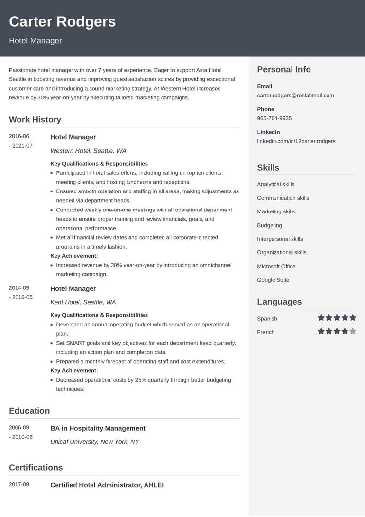 hotel night manager job duties for resume