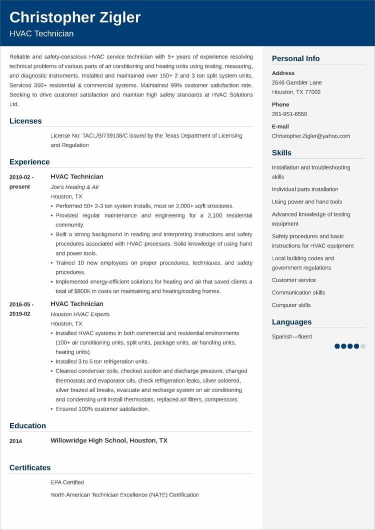HVAC technician resume example