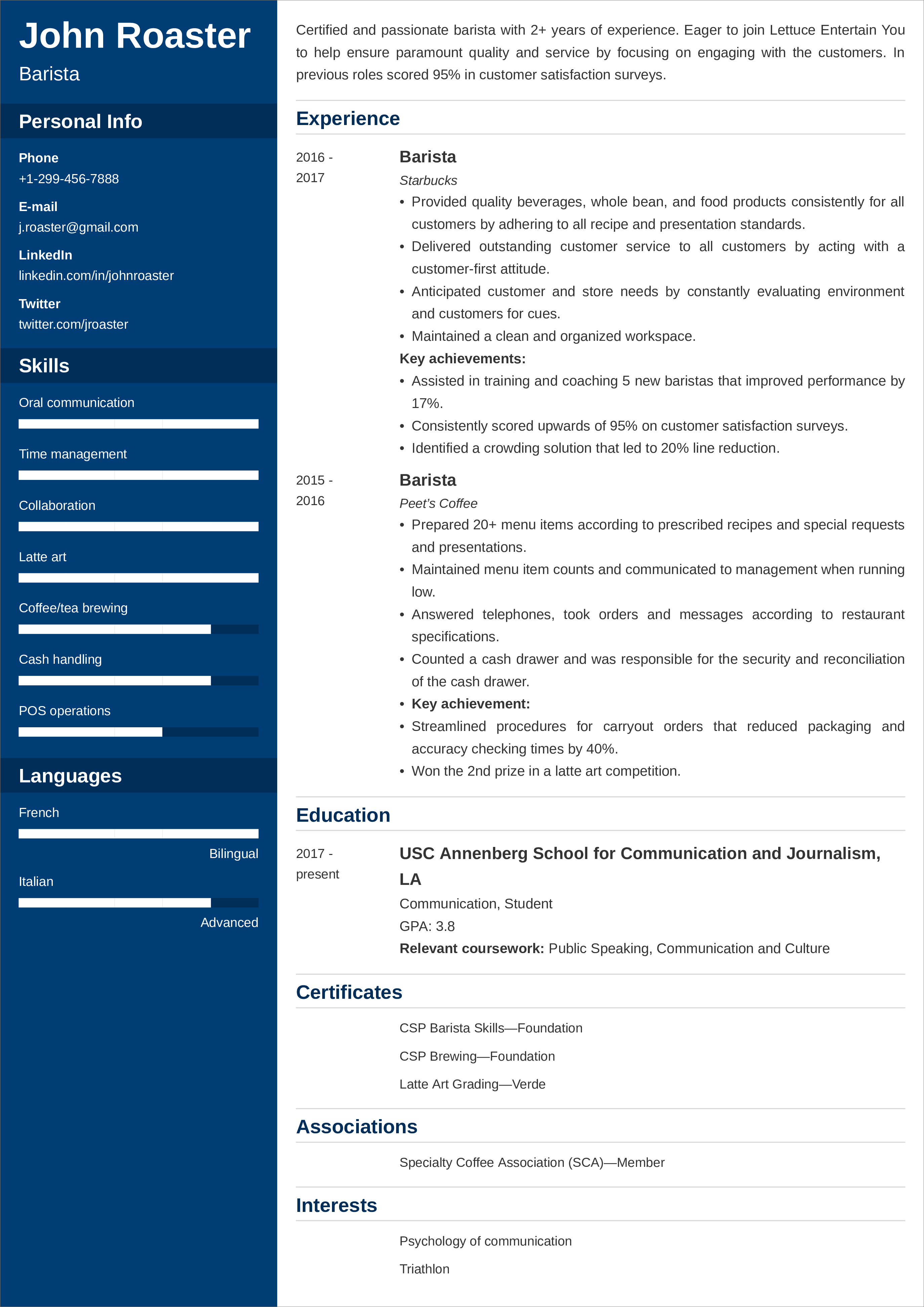 interests on a resume example