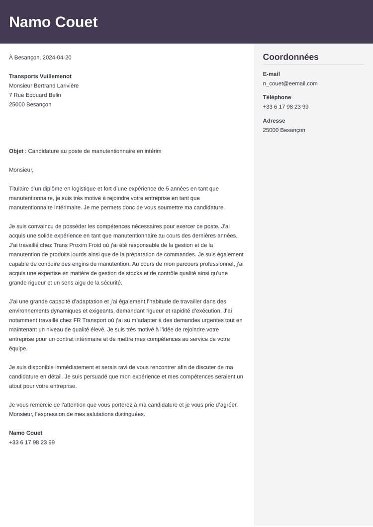 exemple de lettre de motivation intérim
