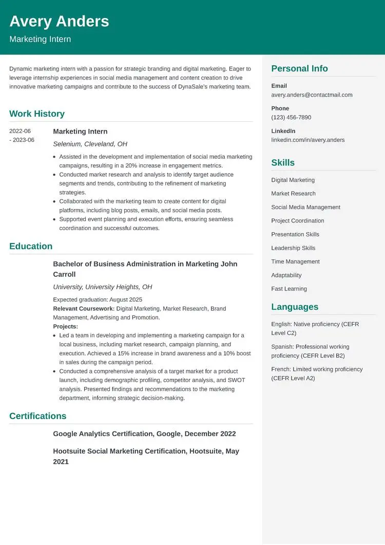resume presenting valuable internship skills