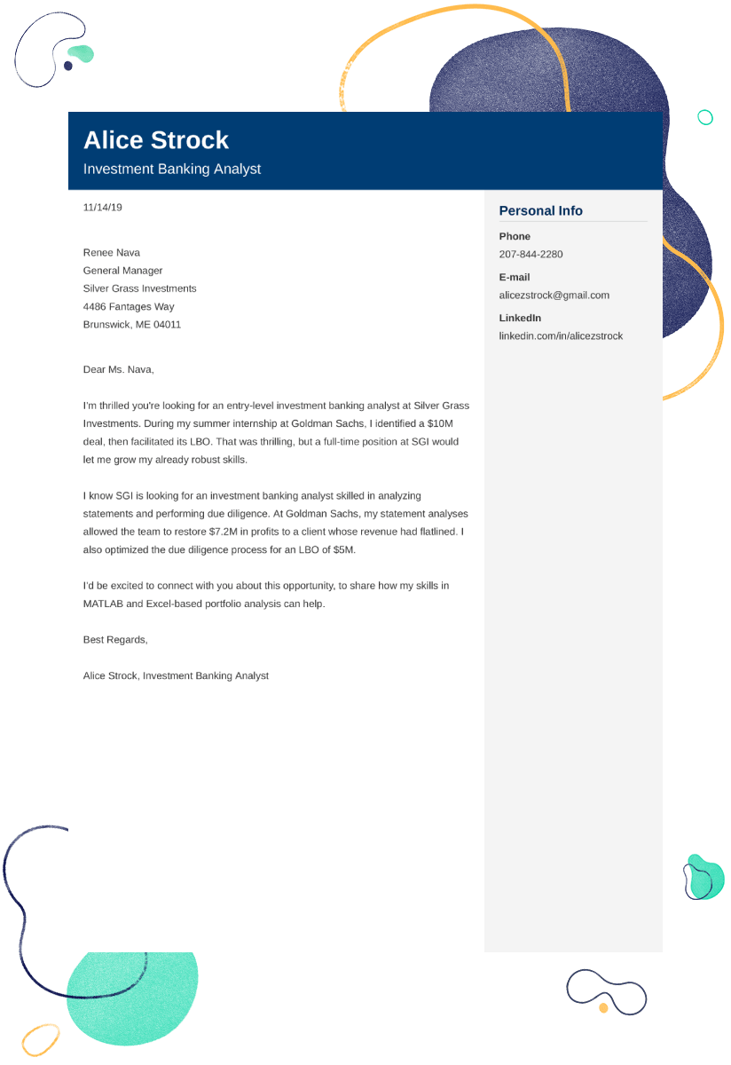 entry-level investment banking cover letter example