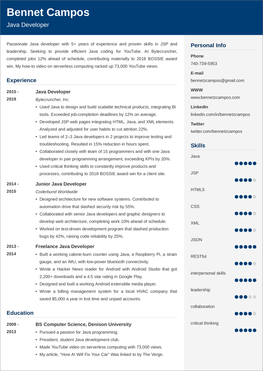 Java Developer Resume Examples For Junior Senior Jobs