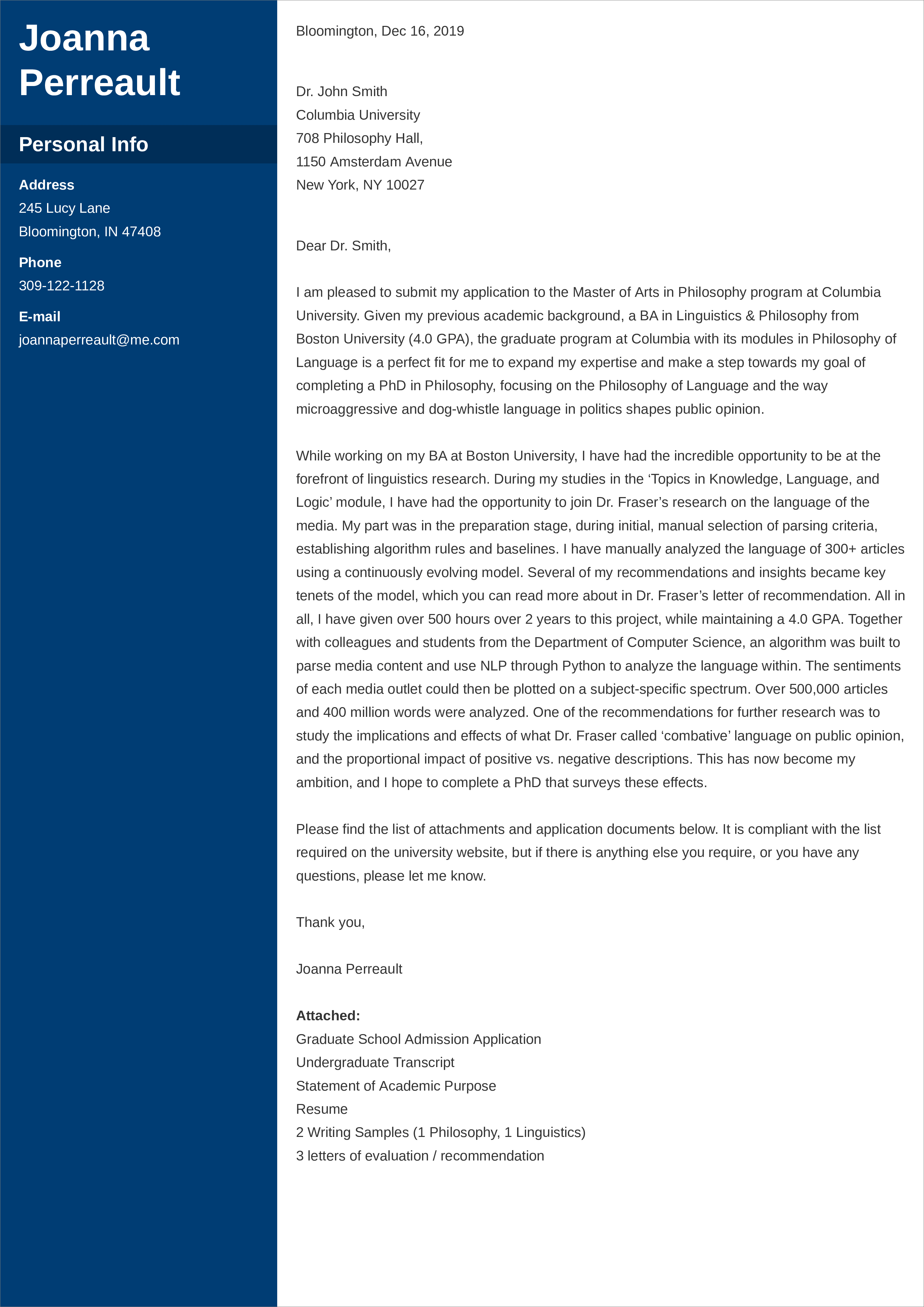 Cover letter for academic admissions