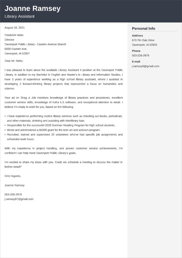 Library Assistant Cover Letter—Sample & Templates to Fill