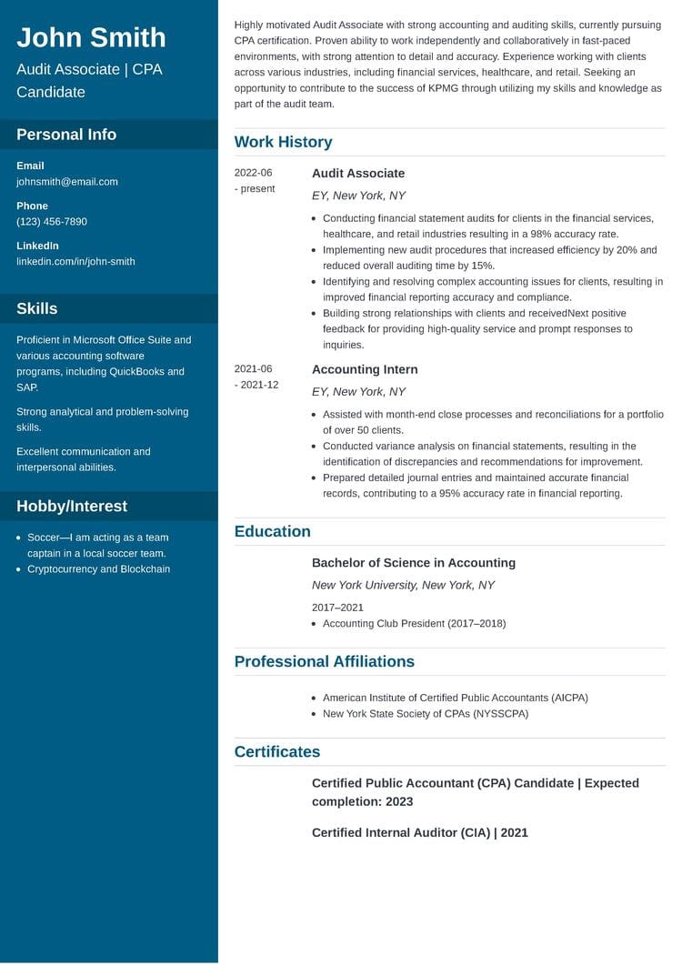 KPMG Audit Associate Resume Example For 2025