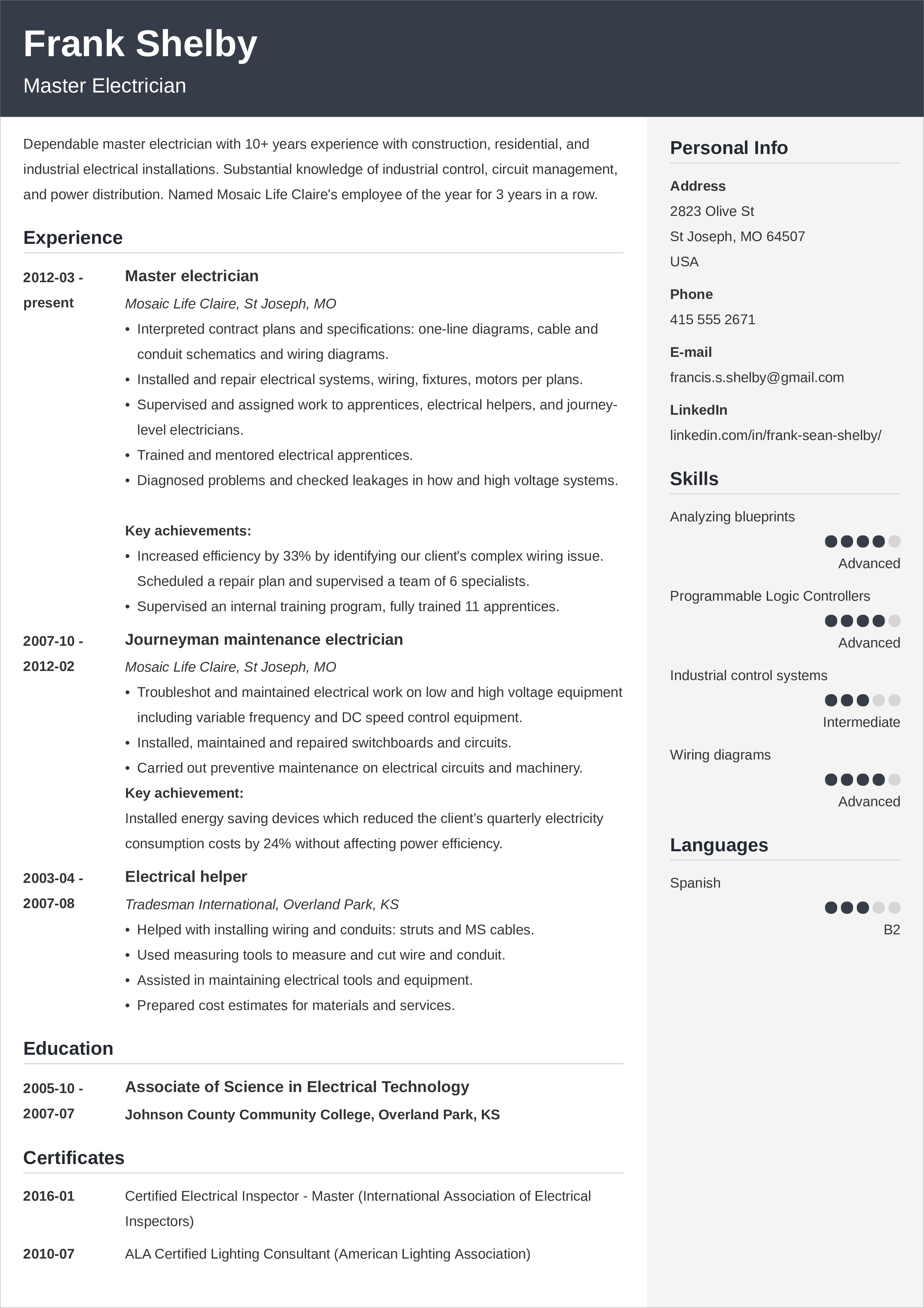 chronological CV layout example