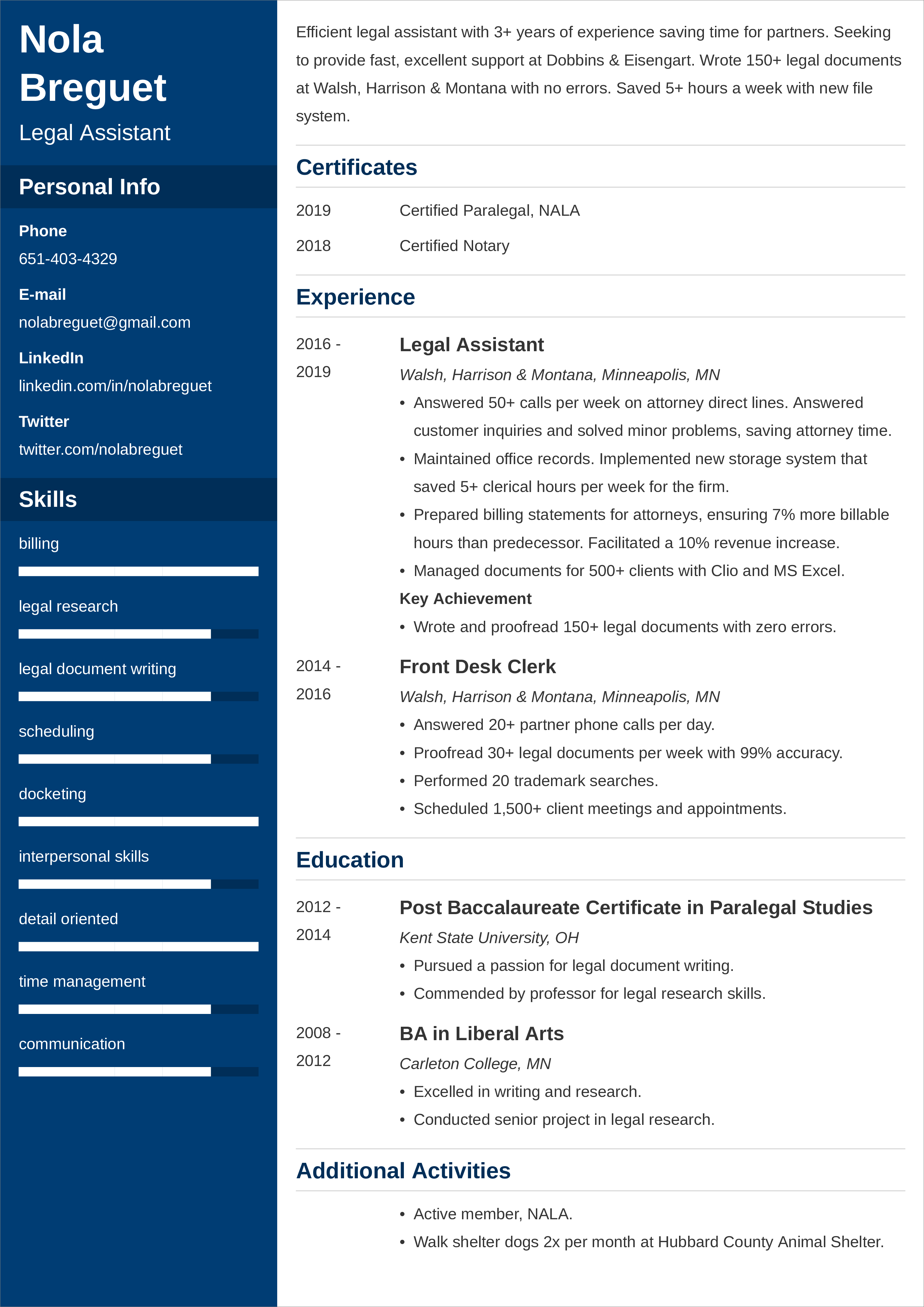 legal assistant CV sample