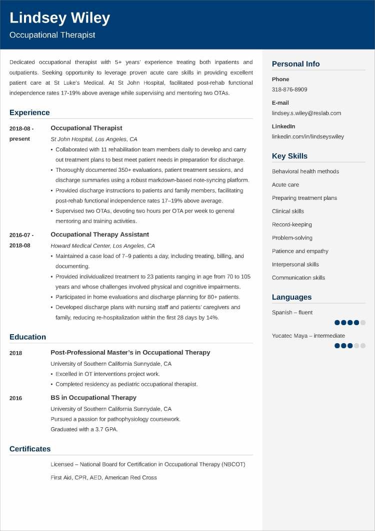 Occupational Therapy Resume Examples New Grads 