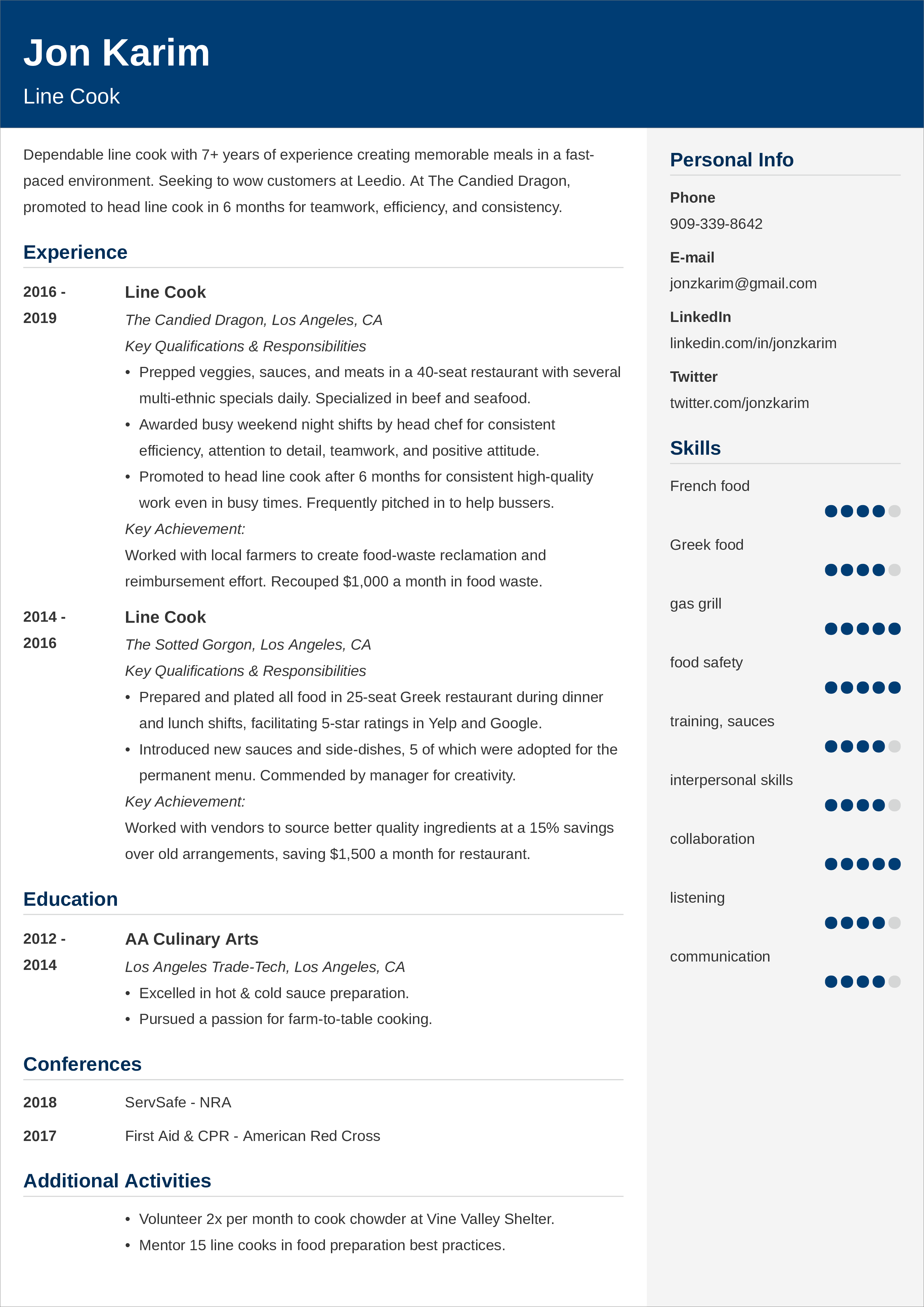 line cook cv example