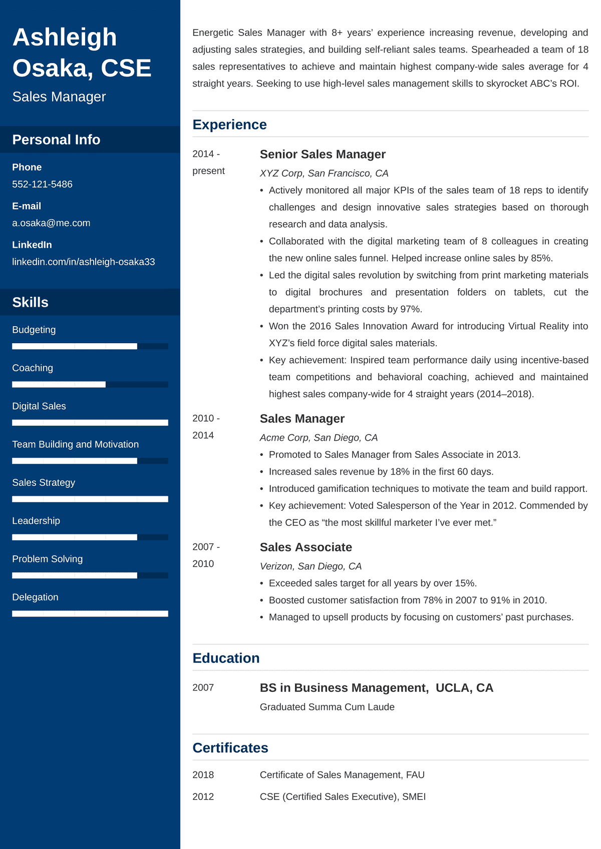 sample manager resume