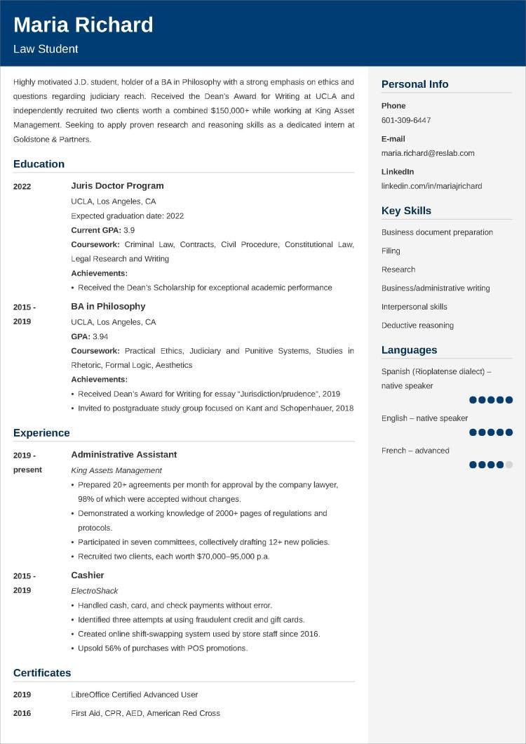 Law Student Resume Samples Template 20 Tips