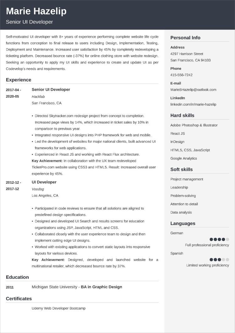 ui developer resume example