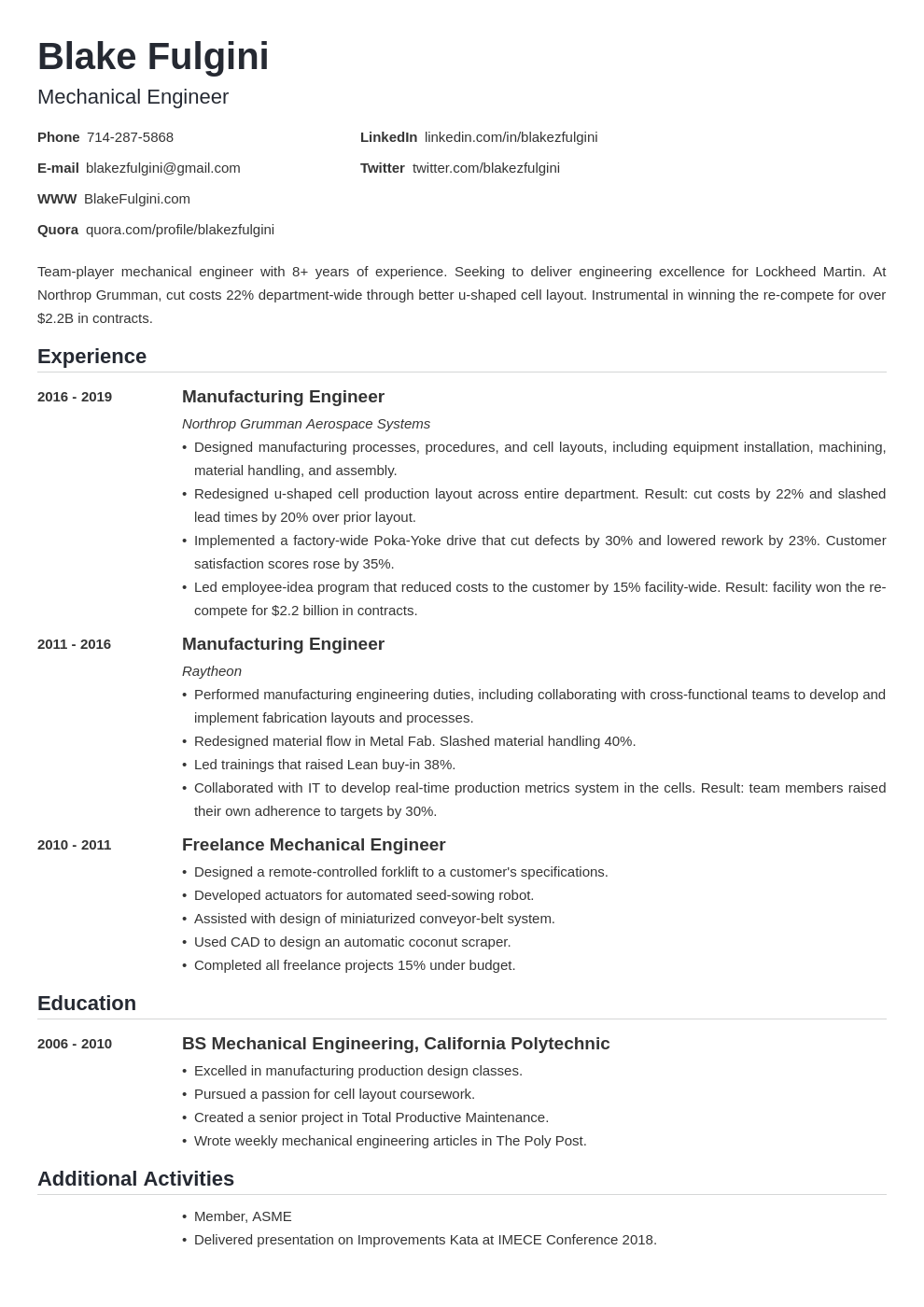 resume for mechanical production engineer