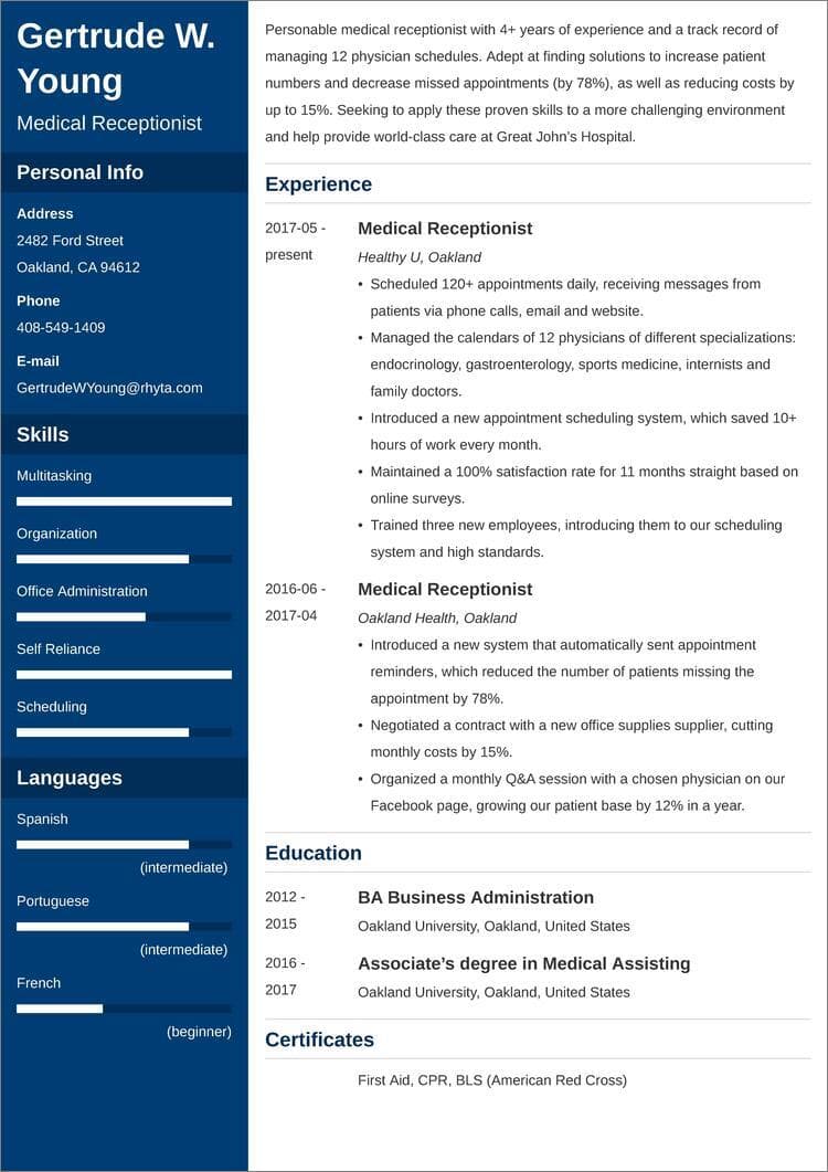 medical receptionist resume summary examples