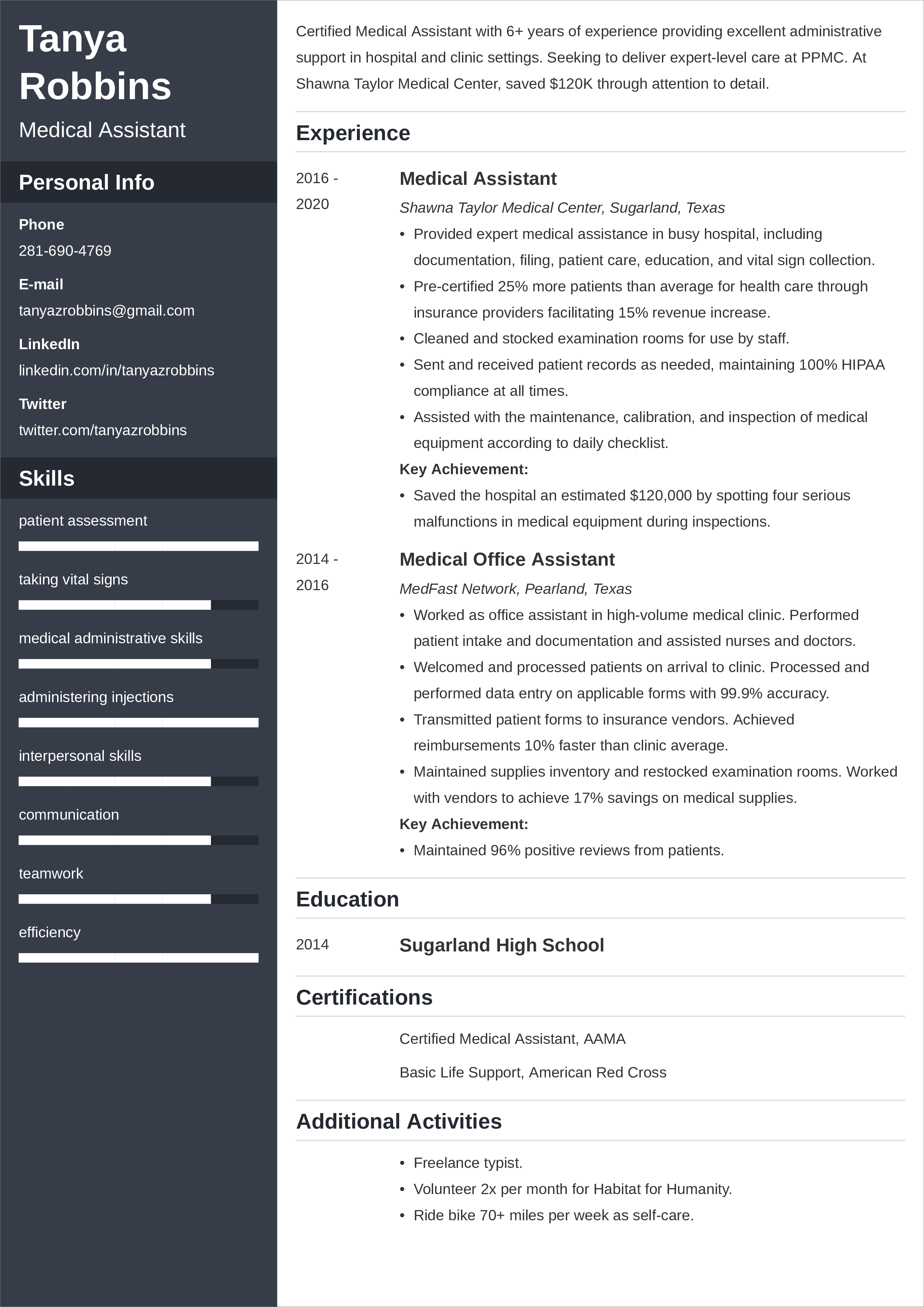 resume objective examples for medical job