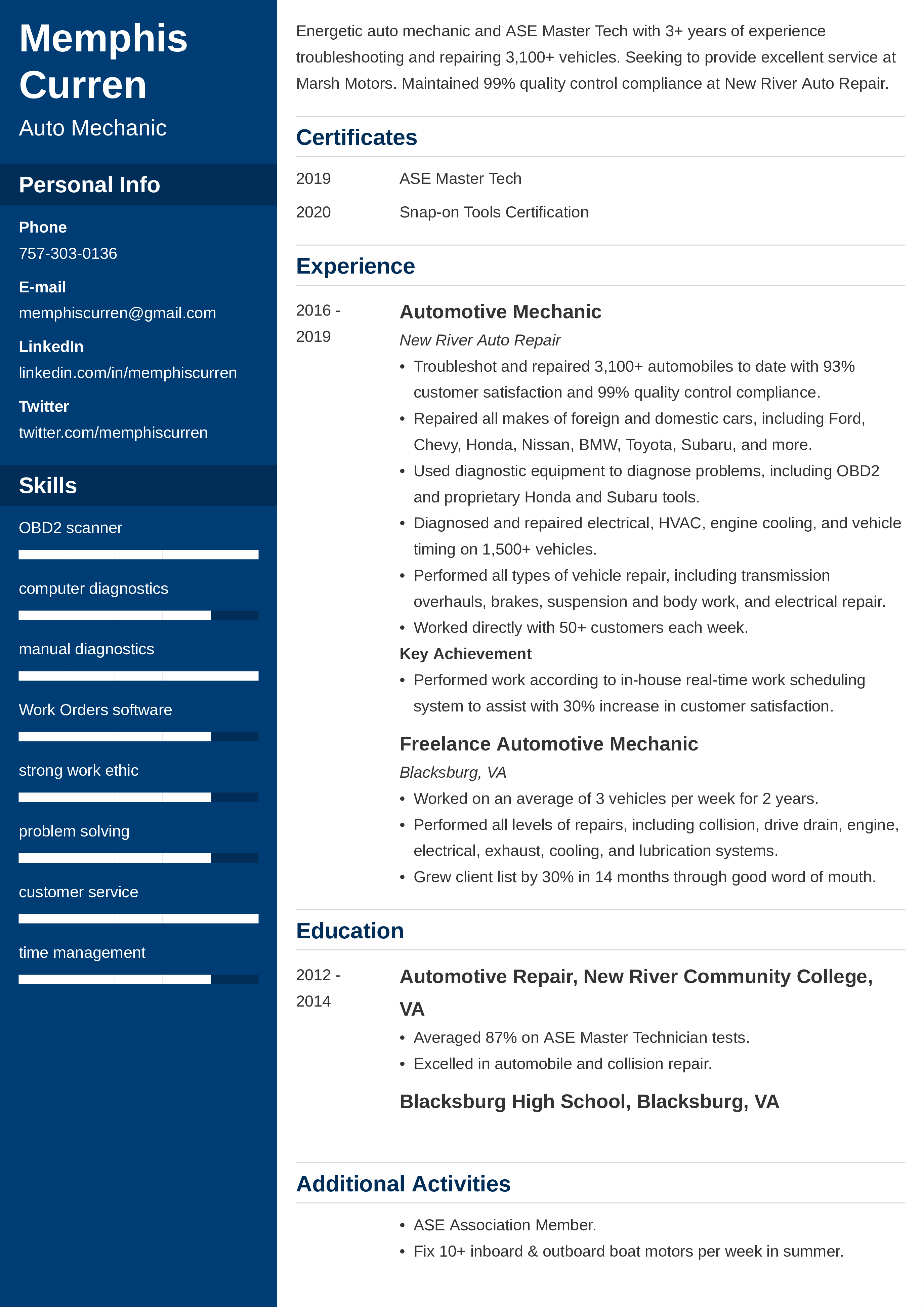mechanic resume skills examples
