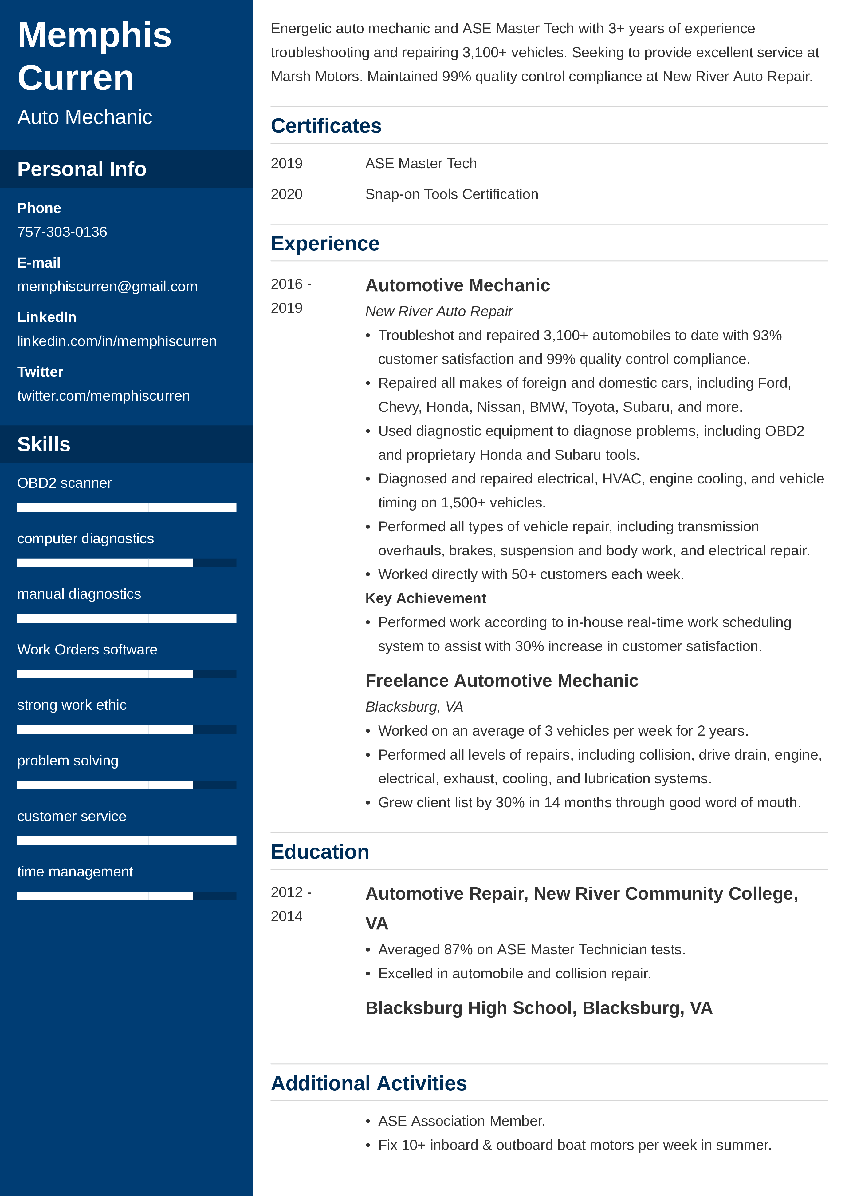 Mechanic Resume Examples And Tips Skills Objective 