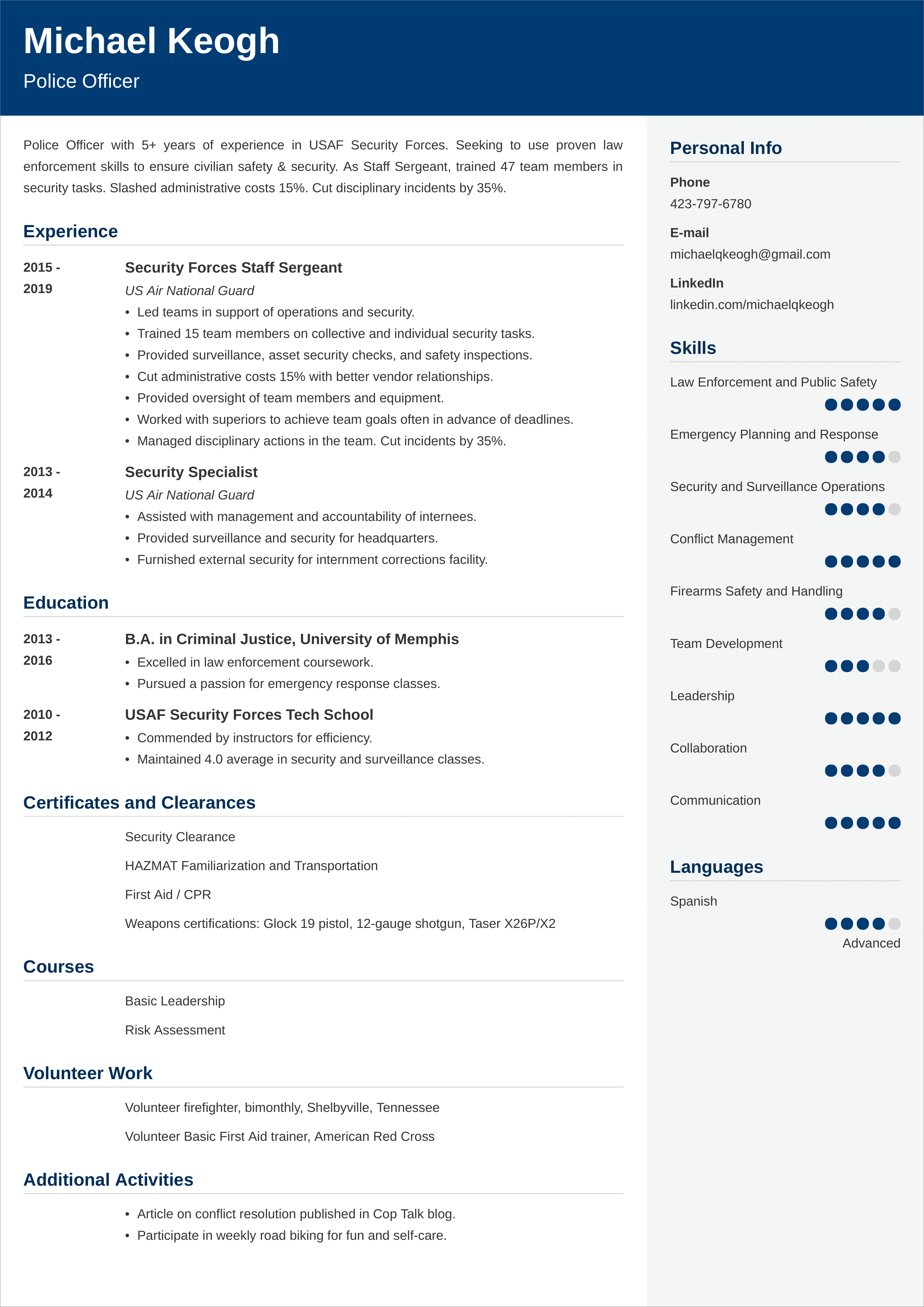 92a mos civilian resume summary