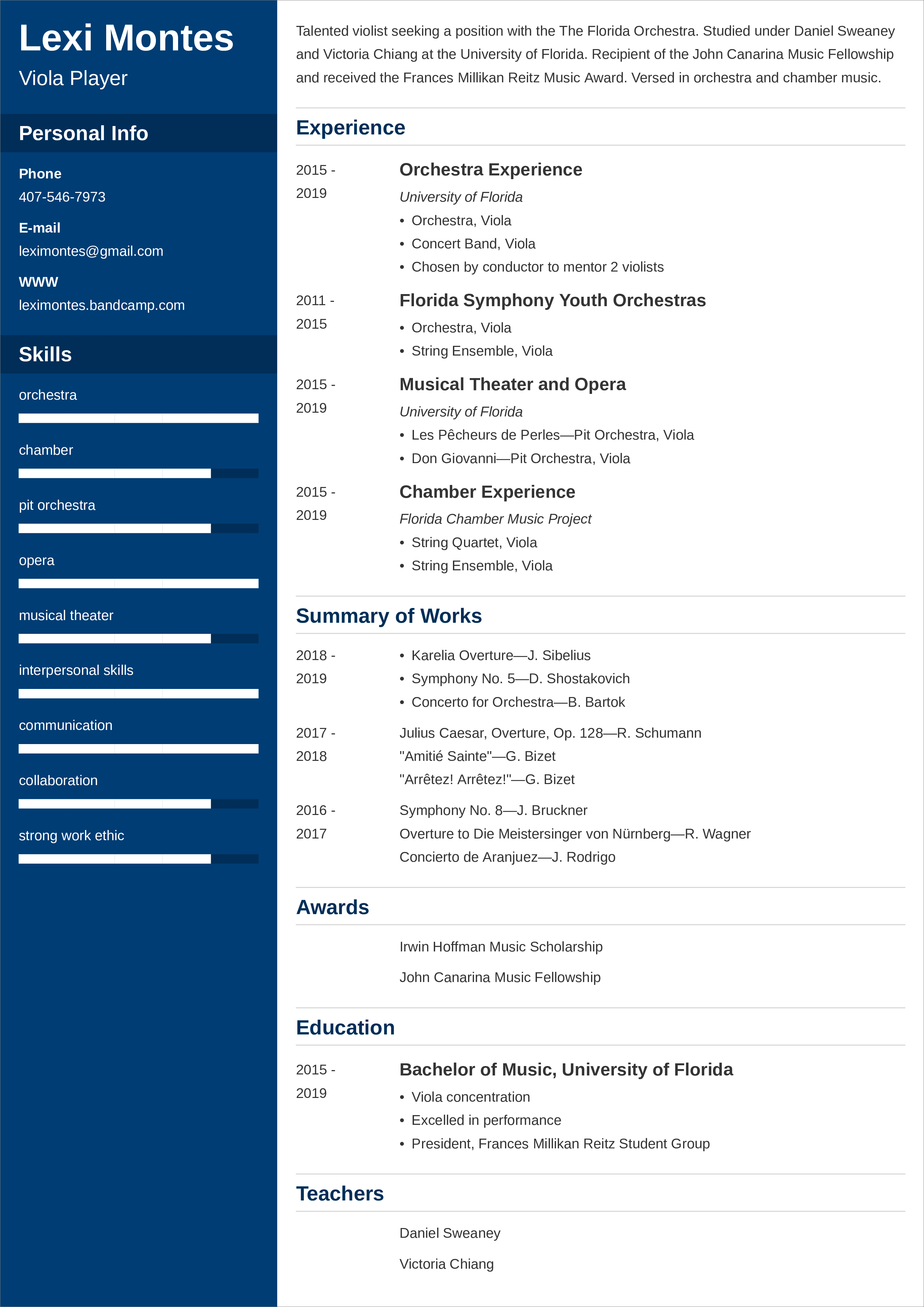 Music Resume Examples for Musicians College Application