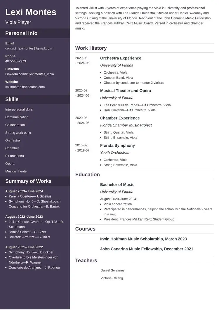 music resume example