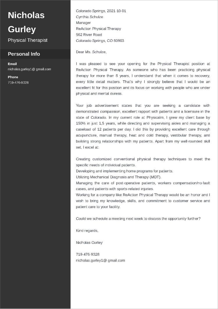 physical therapy cover letter templates