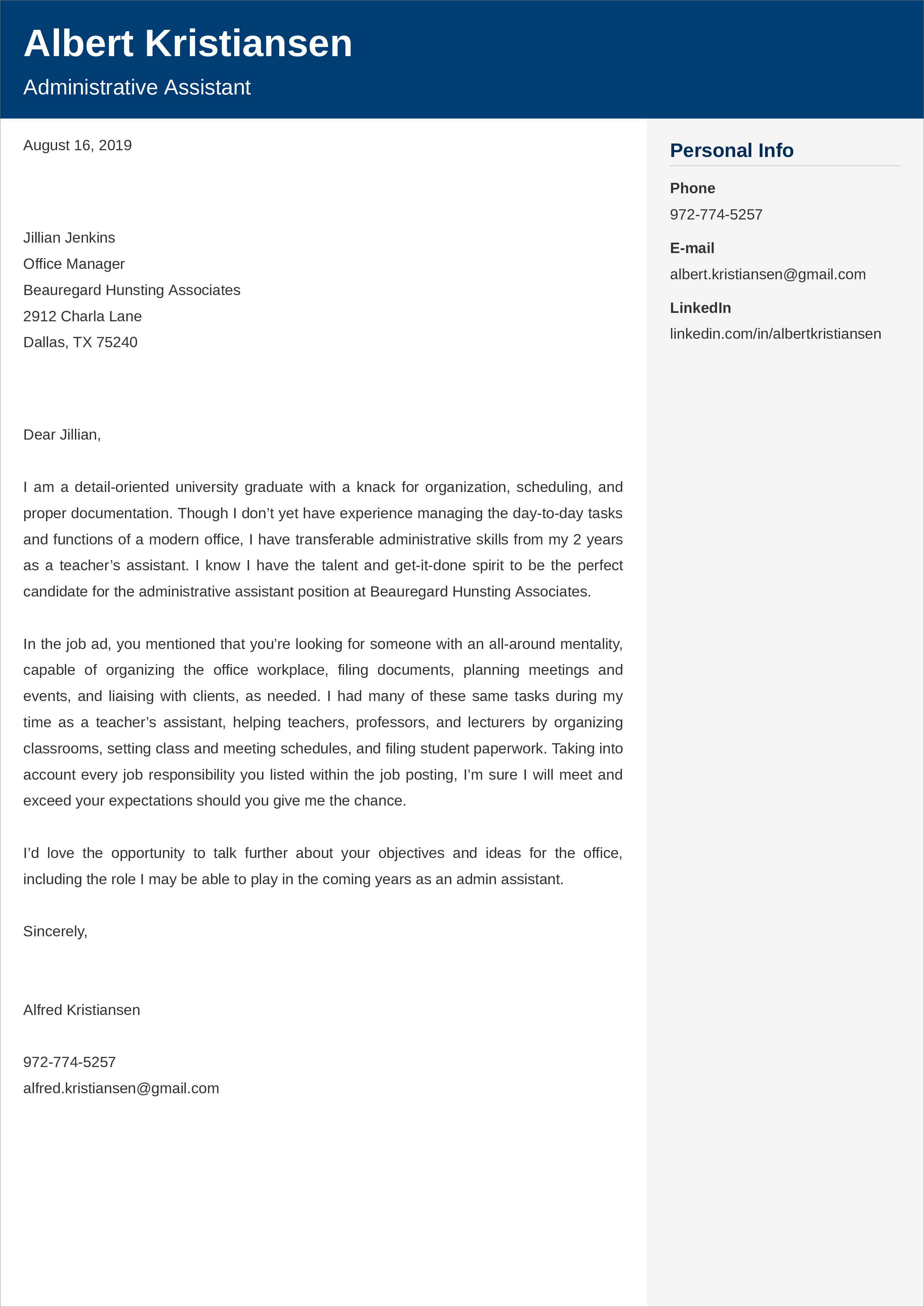 admin assistant cover letter entry level