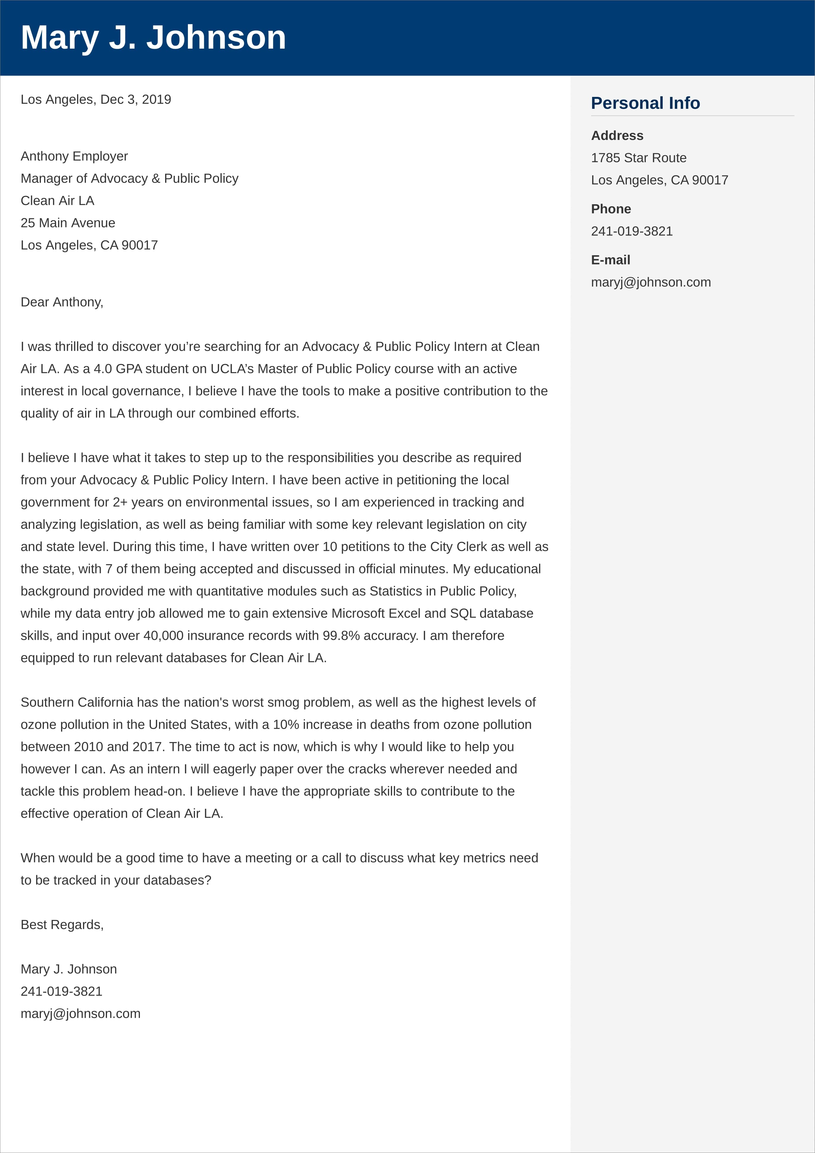 non profit internship cover letter example