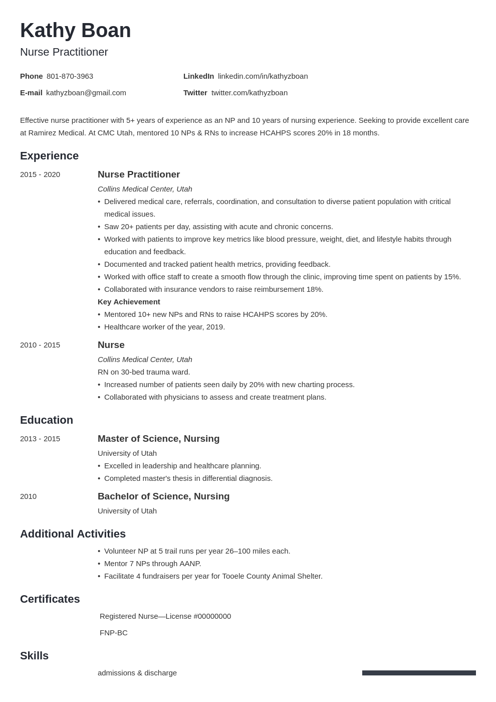 nurse practitioner cv example