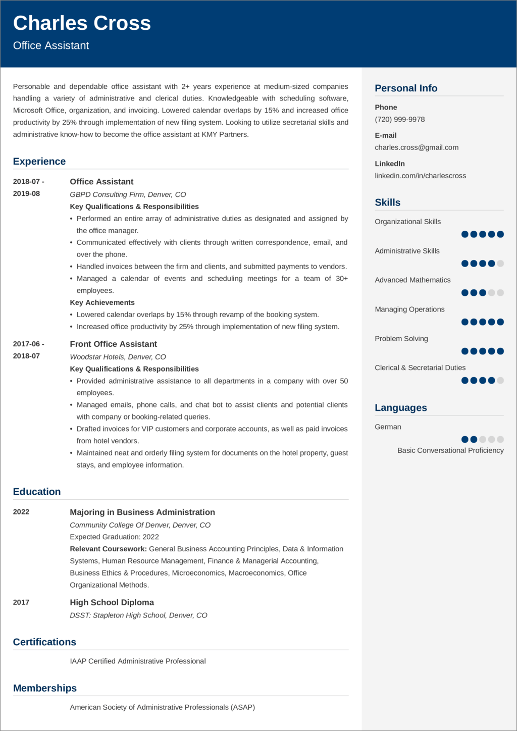 office assistant cv example