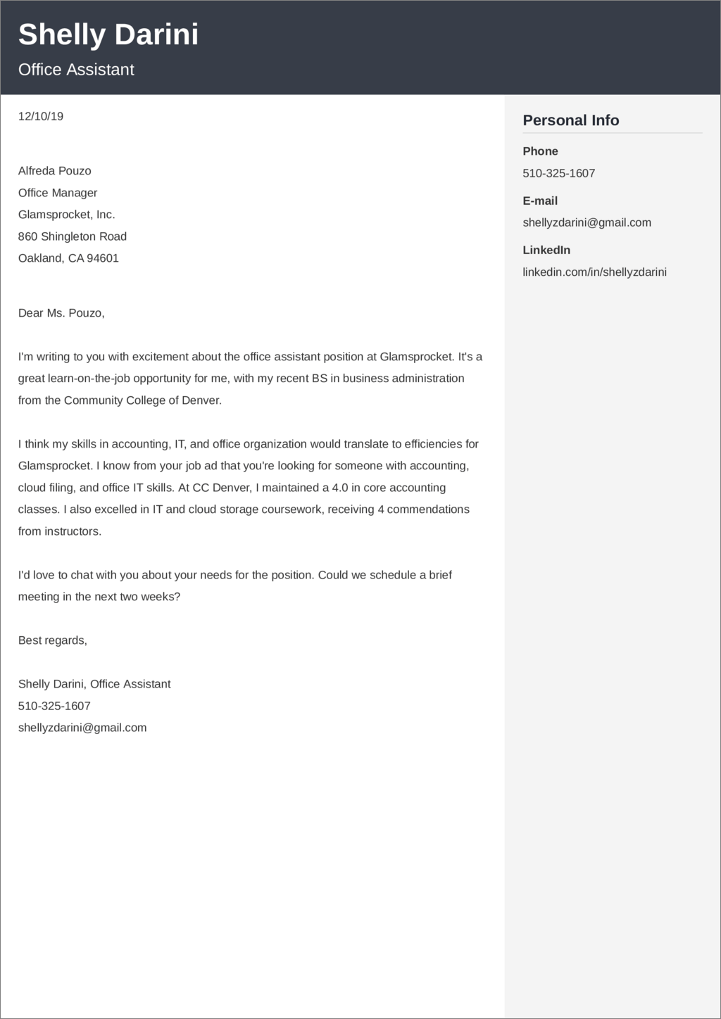 entry-level office assistant cover letter example