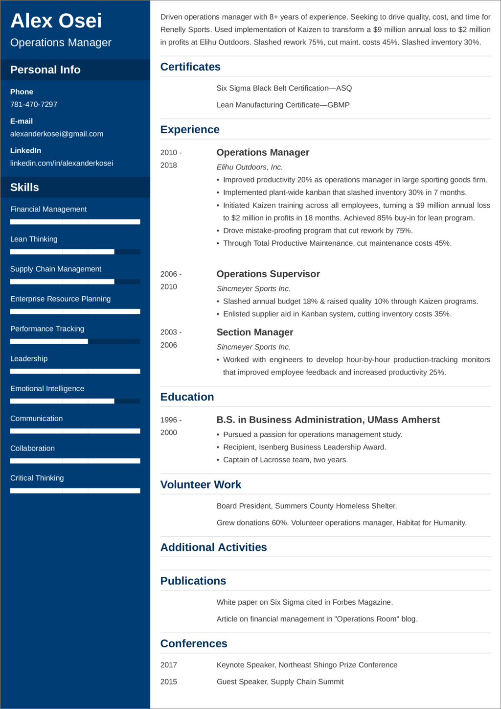 operations manager cv example
