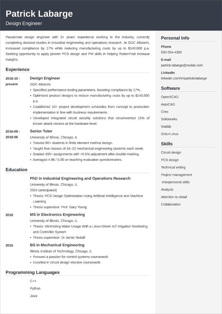 PhD resume example