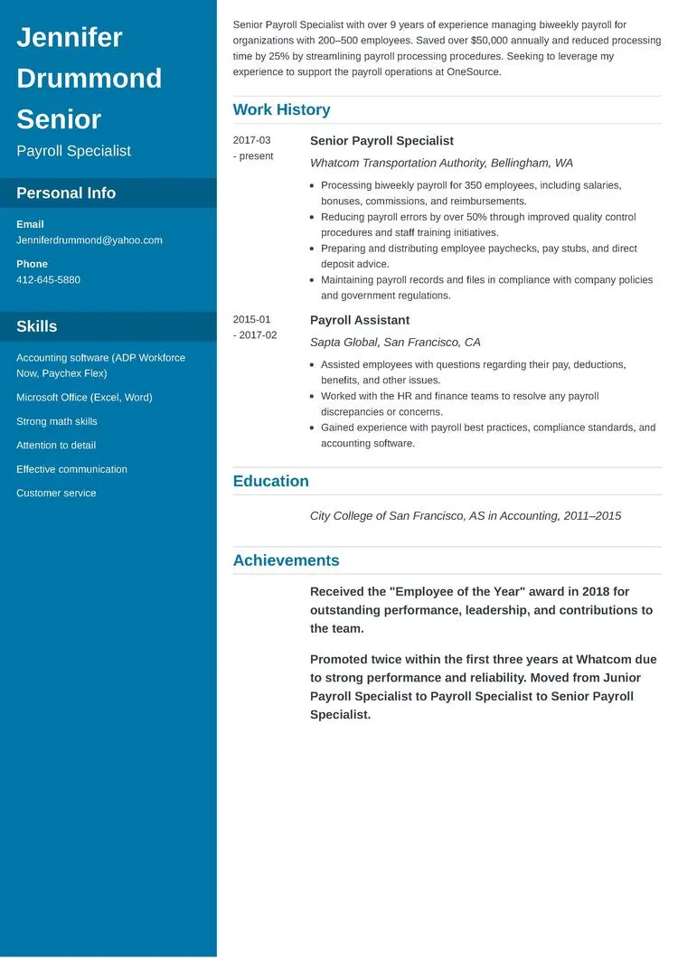 payroll resume example