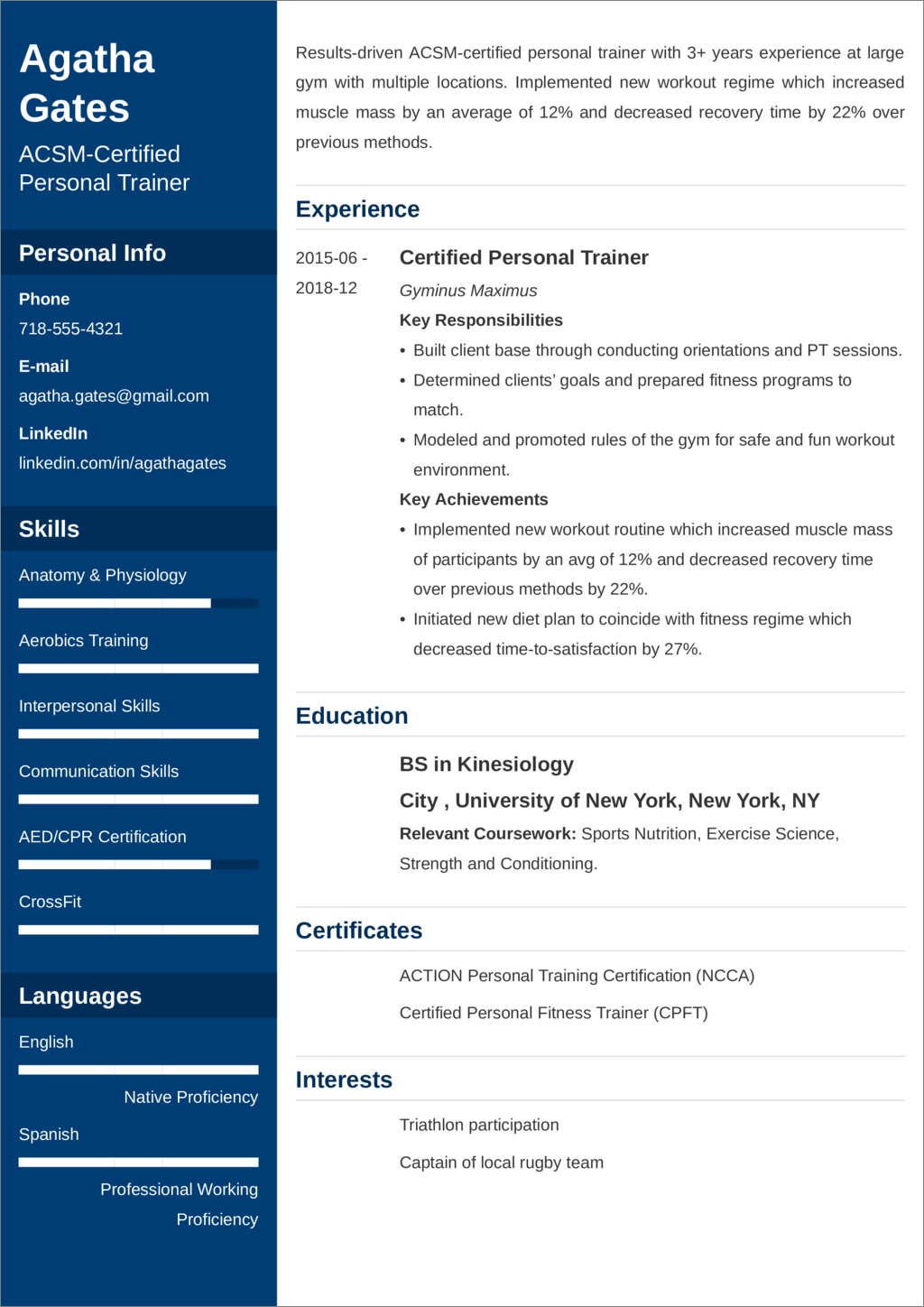 Personal Trainer sample resume