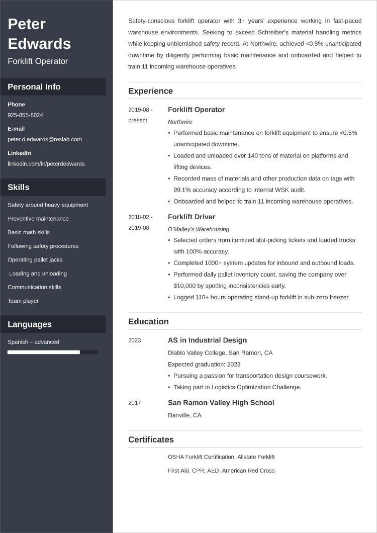 forklift operator resume example