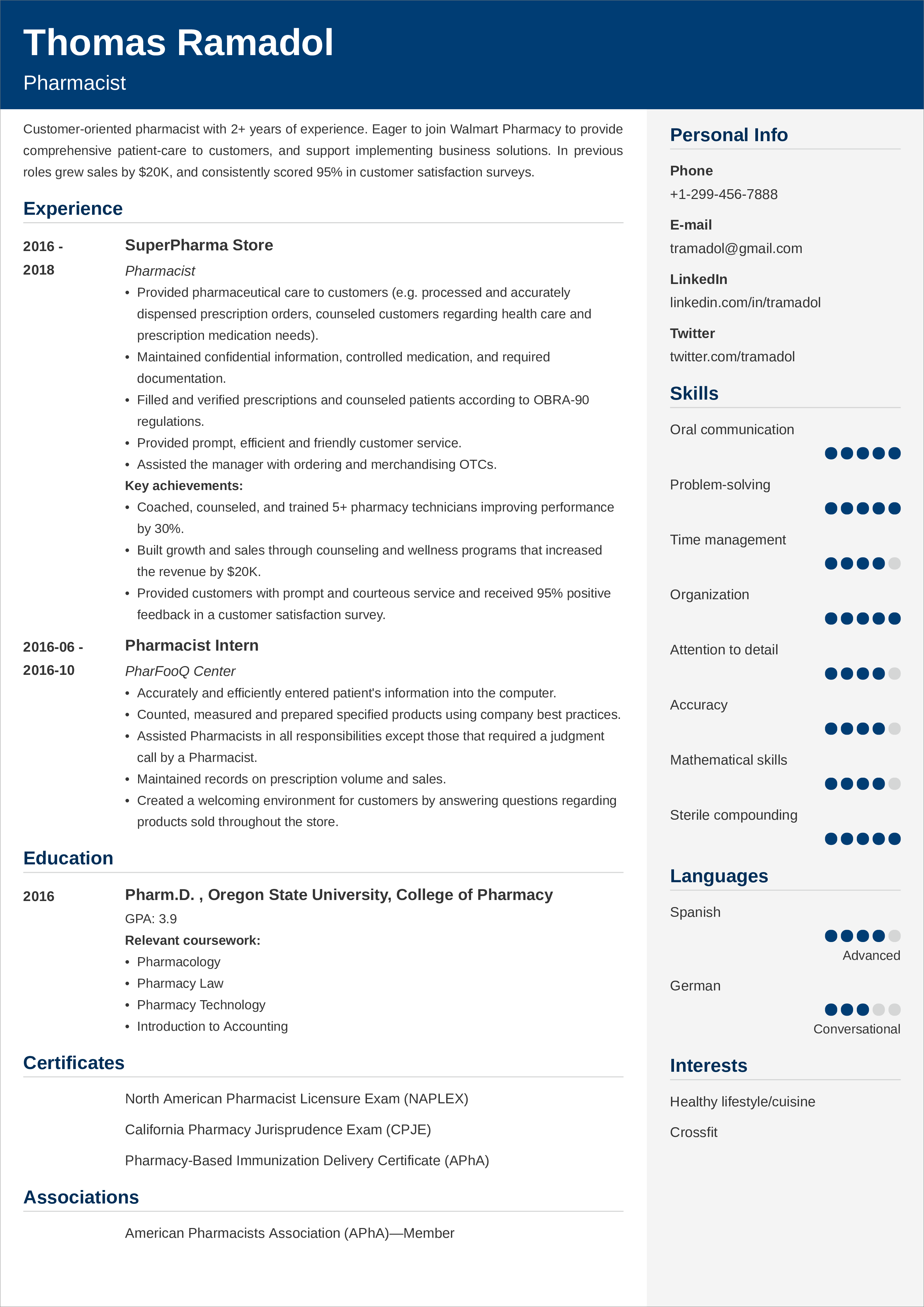 pharmacist resume example