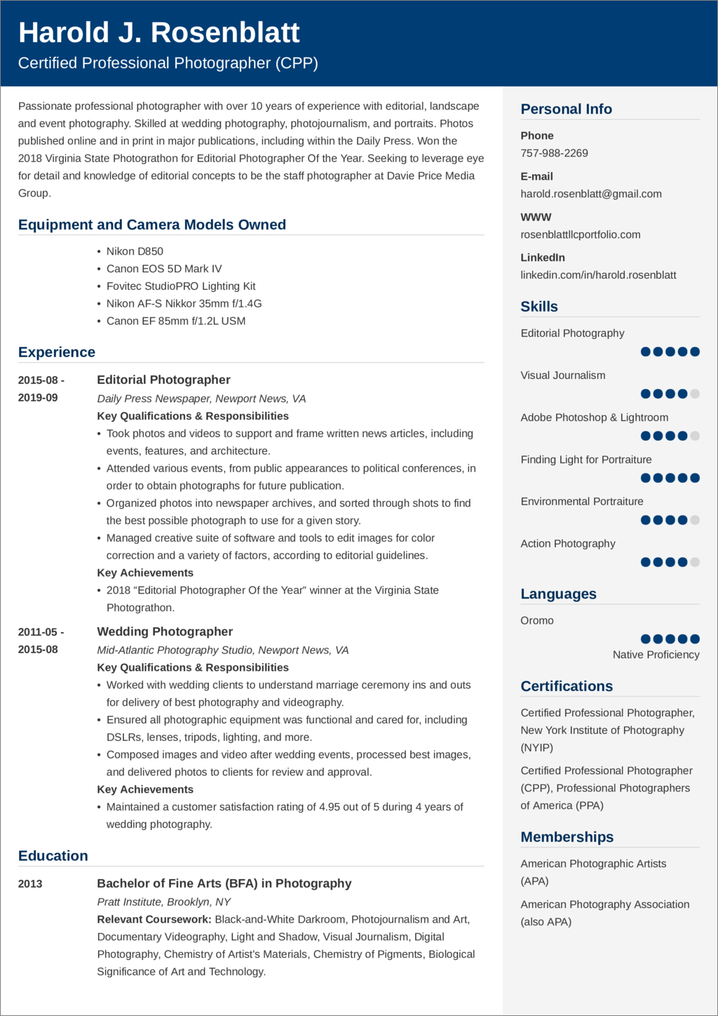 photographer CV templates