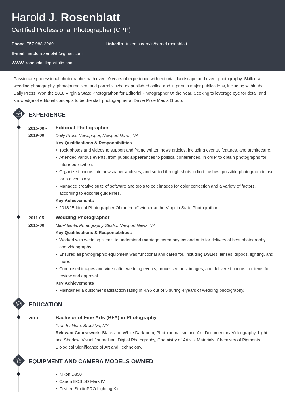 Professional Photographer Resume Examples For 2024