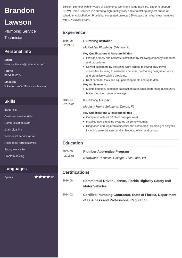 plumber resume example